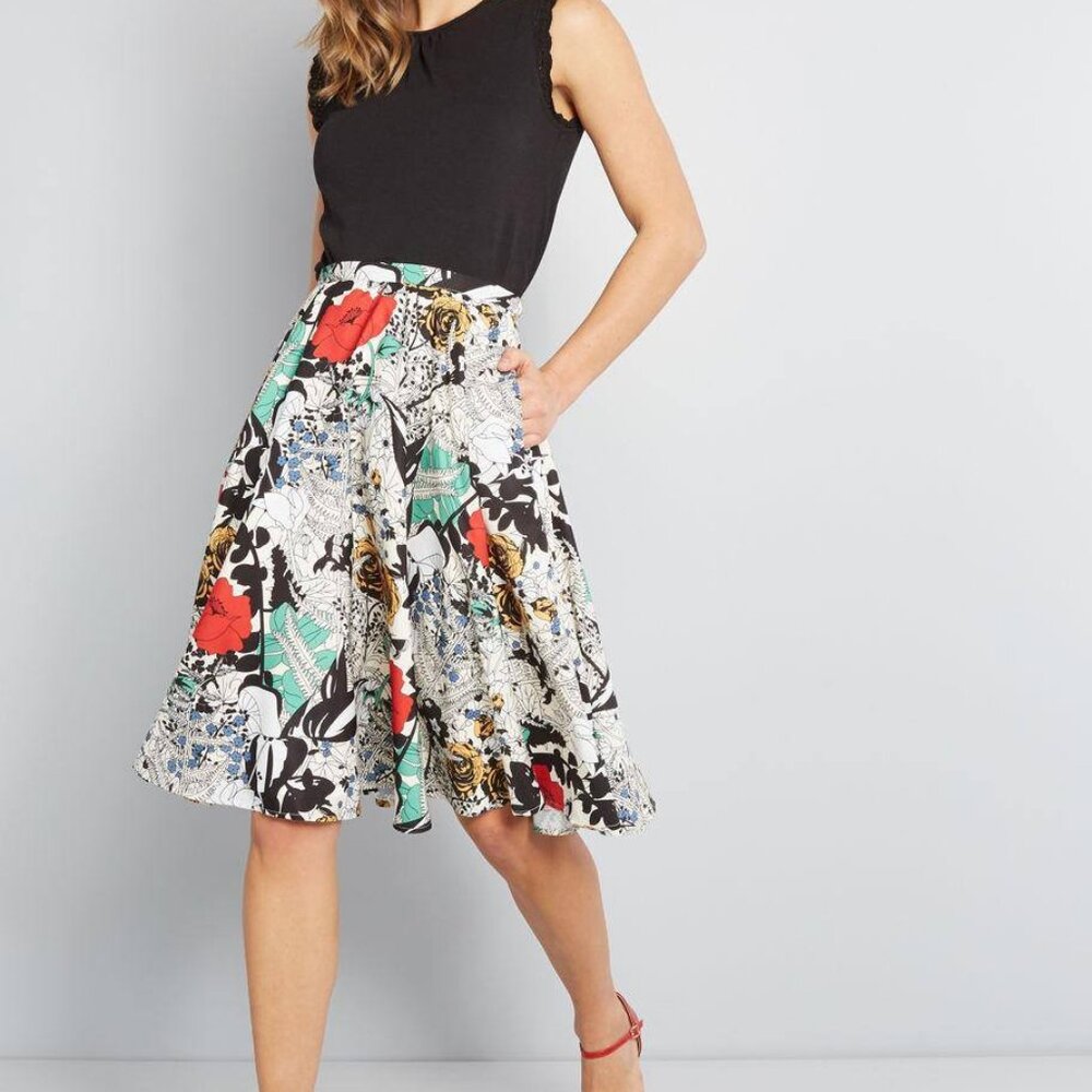 ModCloth Dupenny Ikebana For All Floral Full Twirl Aline Skirt